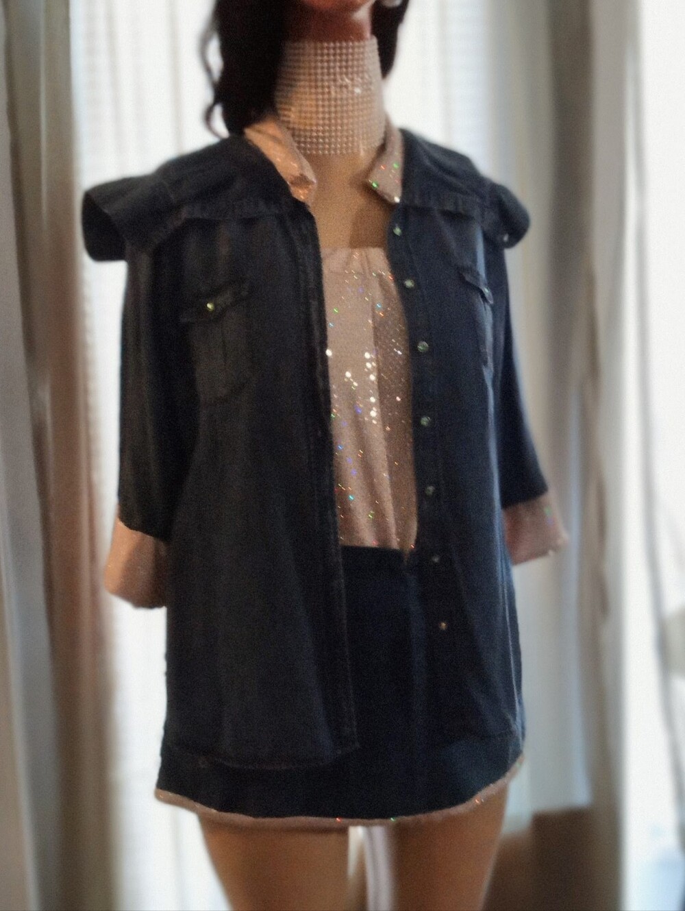Dark Denim Button-Up Shirt with Shimmer Accent